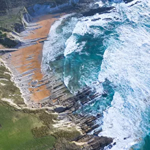Aerial view of sea and Tagle beach, Cantabria, Spain. February 2020