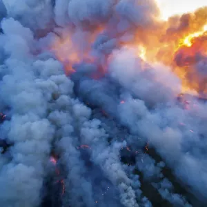Aerial view of smoke in controlled burn, Everglades National Park, Florida. May 2011