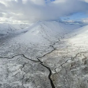 Aerial view of three tributaries of the River Affric, Allt Gleann Gniomhaidh, Allt Cam-ban and Allt a chomhlain meeting at the base of Ciste Dhubh, Glen Affric Nature Reserve, HIghlands, Scotland, UK. November, 2017 Aerial view of three tributaries of the River Affric, Allt Gleann Gniomhaidh, Allt Cam-ban and Allt a chomhlain meeting at the base of Ciste Dhubh, Glen Affric Nature Reserve, HIghlands, Scotland, UK. November, 2017
