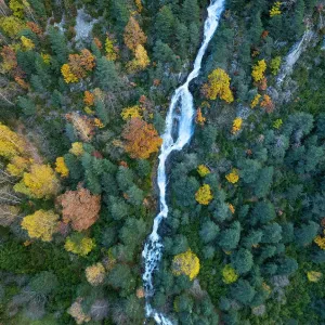 Vista aérea de una cascada en el barranco de Urdiceto rodeado por un bosque mixto otoñal, Pirineos, Aragón, España. Noviembre. Vista aérea de una cascada en el barranco de Urdiceto rodeado por un bosque mixto otoñal, Pirineos, Aragón, España. Noviembre.