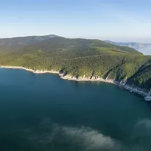 Aerial view of Wrangel Bay, Russia, one of the locations where bowhead whales (Balaena mysticetus) of the endangered Sea of Okhotsk subpopulation visit during the summer. The shallow waters of the bay provide a refuge from orcas Aerial view of Wrangel Bay, Russia, one of the locations where bowhead whales (Balaena mysticetus) of the endangered Sea of Okhotsk subpopulation visit during the summer. The shallow waters of the bay provide a refuge from orcas