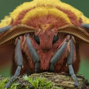 Mothon impérial d'or africain (Gonimbrasia krucki), vue rapprochée de la tête du mâle, Kenya. Mothon impérial d'or africain (Gonimbrasia krucki), vue rapprochée de la tête du mâle, Kenya.