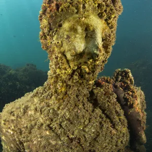 Ancient Roman statue of Antonia minor, member of Julio-Claudian dynasty, daughter of Marcus Anthony and sister of emperor Augustus, located in submerged Nymphaeum of Emperor Claudius. Marine Protected Area of Baia, Naples, Italy. Tyrrhenian sea