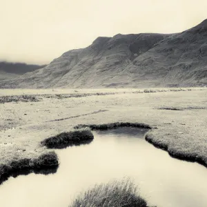 Black and white photograph of saltmarsh at Annat, Beinn Torridon, Scotland, UK, November