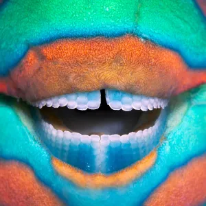 Bridled parrotfish (Scarus frenatus) clownish grin reveals its power tools: grinding