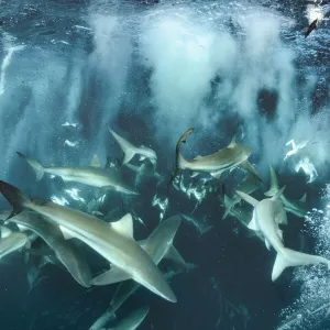 Bronze whaler shark (Carcharhinus brachyurus) group feeding alongside Cape gannet