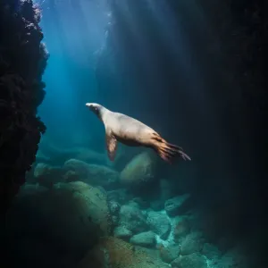 California sea lion (Zalophus californianus) adult female swimming through sunbeams in an California sea lion (Zalophus californianus) adult female swimming through sunbeams in an
