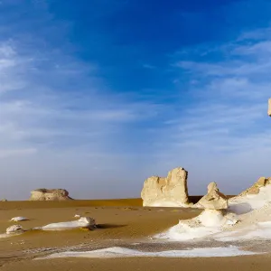 Chalk rock formations caused by sand storms, White desert in the Sahara, Egypt, February