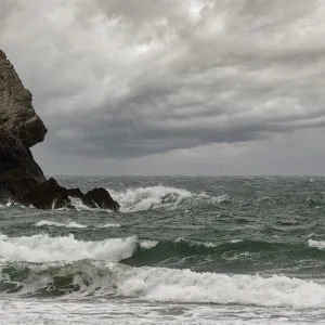 Church Rock, a sea stack made of Carboniferous limestone, Bosherton, Pembrokeshire, Wales, Atlantic Ocean, UK. October, 2021