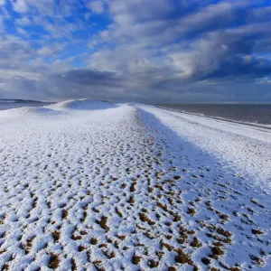 Cley Beach covered in snow, Norfolk. England, UK, January