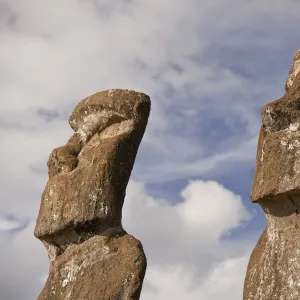 Close up of two stone sculptures / Moai at Ahu Ahivi / Ahu Akivi, Easter Island, South