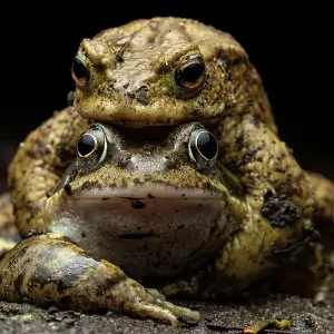Common toad (Bufo bufo) and Common frog (Rana temporaria) in attempted amplexus, Lucerne, Switzerland. April Common toad (Bufo bufo) and Common frog (Rana temporaria) in attempted amplexus, Lucerne, Switzerland. April