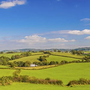 Countryside with farmhouse and fields, Monmouthshire, Wales, UK