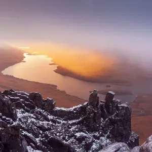 Cul Beag and Loch Lurgainn at sunrise from the summit of Stac Pollaidh, Coigach, Highlands, Scotland, UK, November 2013 Cul Beag and Loch Lurgainn at sunrise from the summit of Stac Pollaidh, Coigach, Highlands, Scotland, UK, November 2013