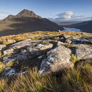 Cul Beag mountain and loch in evening light from Stac Pollaidh, Coigach, Scotland, UK. September, 2017
