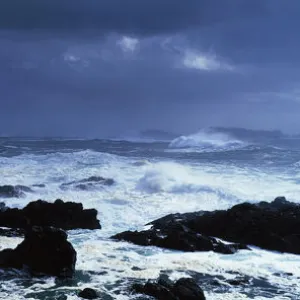 Dramatic seas crashing onto a rocky shore. The Broken Group Islands from The Wild Pacific Trail