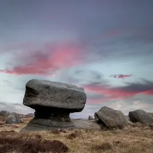 Eroded Rock pedestal comprising of Carboniferous age, Millstone grit, Kinder Scout, Peak District National Park, Derbyshire, UK. April, 2019 Eroded Rock pedestal comprising of Carboniferous age, Millstone grit, Kinder Scout, Peak District National Park, Derbyshire, UK. April, 2019