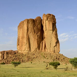 Eroded sandstone rock formation standing out in plateau in the Sahara desert