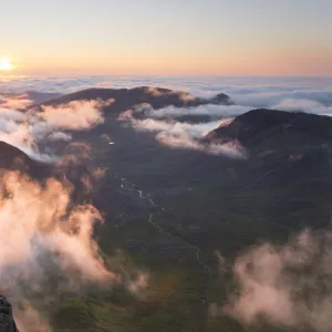 Evening view from Askival mountain over inversion layer and the Atlantic corrie, Isle of Rum