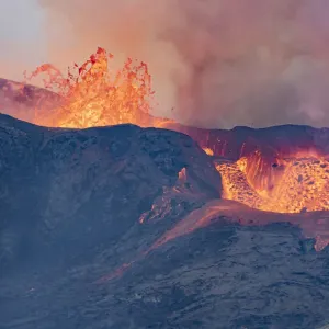 Fagradalsfjall Volcano erupting with lava overflowing to lava fields Fagradalsfjall Volcano erupting with lava overflowing to lava fields