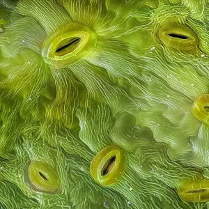 False-coloured scanning electron micrograph produced at the University of Derby of stomata on the underside of an Ash (Fraxinus excelsior) leaf, 0. 16 millimetres across in real life, Peak District National Park, Derbyshire, UK. 0 False-coloured scanning electron micrograph produced at the University of Derby of stomata on the underside of an Ash (Fraxinus excelsior) leaf, 0. 16 millimetres across in real life, Peak District National Park, Derbyshire, UK. 0