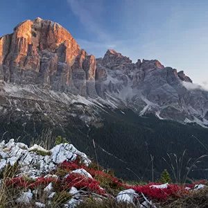 First light on Tofana de Rozes from Cinque Torri, Dolomite Mountains, Belluno Province