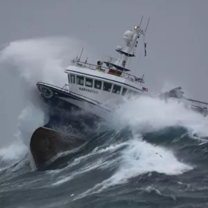 Fishing vessel Harvester powering through huge waves while operating in the North Sea