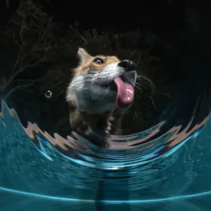Print of a Fox drinking from a sauna pool in a garden Print of a Fox drinking from a sauna pool in a garden