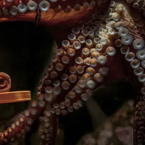 Giant Pacific octopus (Enteroctopus dofleini) named Wanda, showing how she can untwist the cap of a jar to get the food inside, Shaw Center for the Salish Sea Aquarium, Vancouver Island, British Columbia, Canada. Captive Giant Pacific octopus (Enteroctopus dofleini) named Wanda, showing how she can untwist the cap of a jar to get the food inside, Shaw Center for the Salish Sea Aquarium, Vancouver Island, British Columbia, Canada. Captive