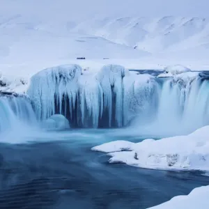 Godafoss Waterfall Print, Iceland Winter Scene Godafoss Waterfall Print, Iceland Winter Scene