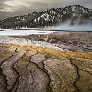 Grand Prismatic Springs on cold winter day with mist / vapour, Yellowstone National Park