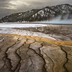 Grand Prismatic Springs on cold winter day with mist / vapour, Yellowstone National Park Grand Prismatic Springs on cold winter day with mist / vapour, Yellowstone National Park