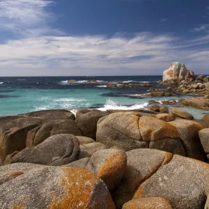 Headland coastline clad in granite boulders covered in red lichen, Mount William National Park