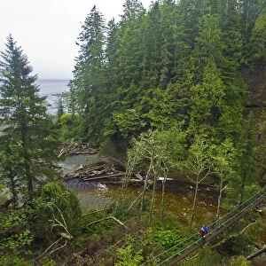 Hikers crossing a thin footbridge over a river. The West Coast Trail, Pacific Rim National Park