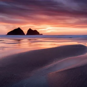 Holywell Bay Sunset Print, Carters Rocks and Reflections Holywell Bay Sunset Print, Carters Rocks and Reflections