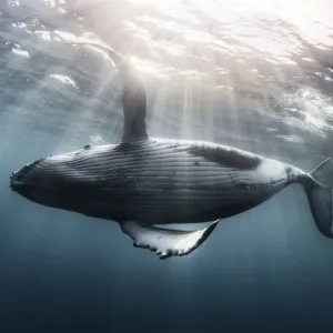 Humpback whale calf (Megaptera novaeangliae australis) swimming just under the ocean surface Humpback whale calf (Megaptera novaeangliae australis) swimming just under the ocean surface