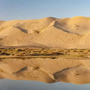Khongoryn Els sand dunes and reflection in pond, South Gobi desert. Mongolia
