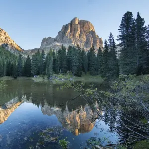 Lago Bain de Dones with Tofana de Rozes and Torri del Falzarego reflected, Dolomite Mountains