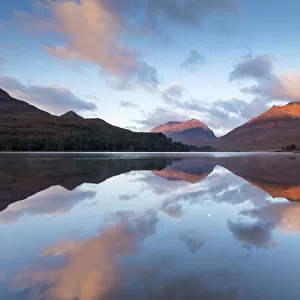 Liathach and Beinn Eighe reflected in Loch Clair at dawn, Torridon, Scotland, UK