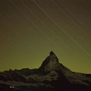 Matterhorn (4, 478m) at night, long exposure with star trails, viewed from Gornergrat