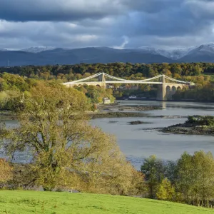 Menai Strait and Telford suspension bridge. Isle of Anglesey, Wales, October 2018