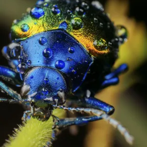 Metallic leaf beetle (Chrysomelidae) with rain droplets, frontal view, in Aiuruoca