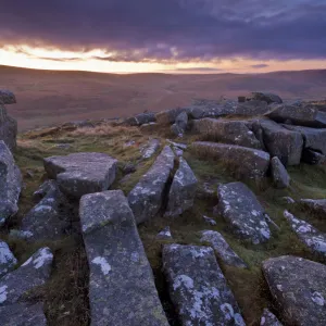 Moorland view at Belstone with granite outcrops in the foreground, near Okehampton