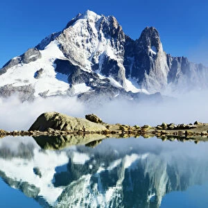 Mountain landscape, Lac Blanc with Aiguille Vert (4, 122m) and Les Drus (right) Haute Savoie