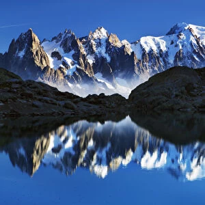 Mountain landscape, Lac Blanc with Aiguilles de Chamonix, Mont Blanc (4, 810m) far right