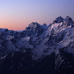 Mountain panorama before sunrise, highest mountain is Ushba (4, 710m) just on the