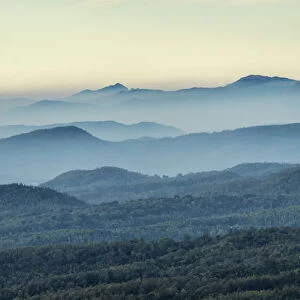 Mountain range with rainforests in morning mist, Kudremukh National Park, Western