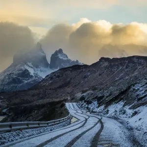 Mountainous landscape in Torres del Paine National Park, with mountains behind, Chile, June 2015