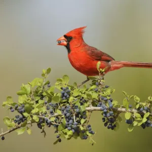 Northern Cardinal (Cardinalis cardinalis), male eating Elbow bush (Forestiera pubescens) berries Northern Cardinal (Cardinalis cardinalis), male eating Elbow bush (Forestiera pubescens) berries