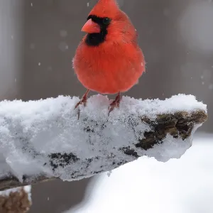 Northern cardinal (Cardinalis cardinalis) male, perched in snow, Maryland, USA. January